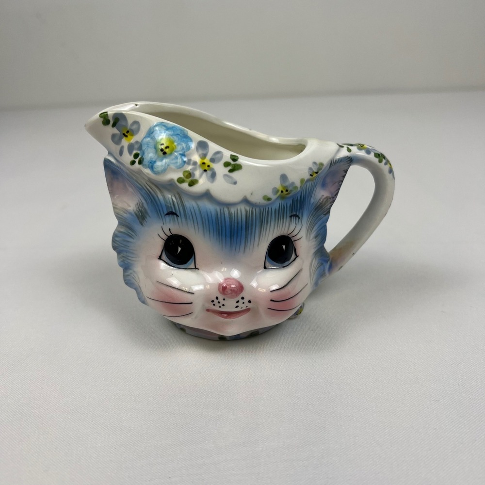 Lefton Miss Priss Cat Creamer 1508 Blue Ceramic Floral Vintage Good